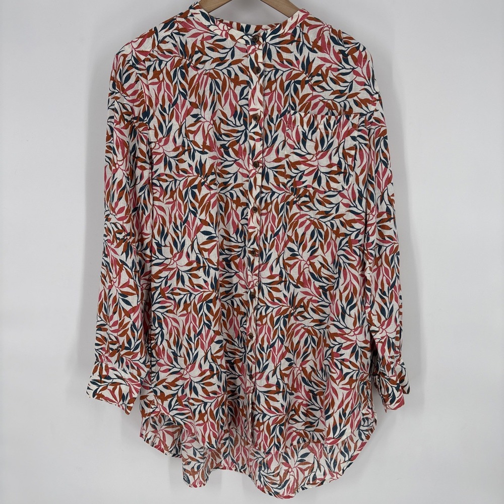 Lands End Womens Linen Button Up‎ Shirt Large Leaf Print Colorful Resort Coastal